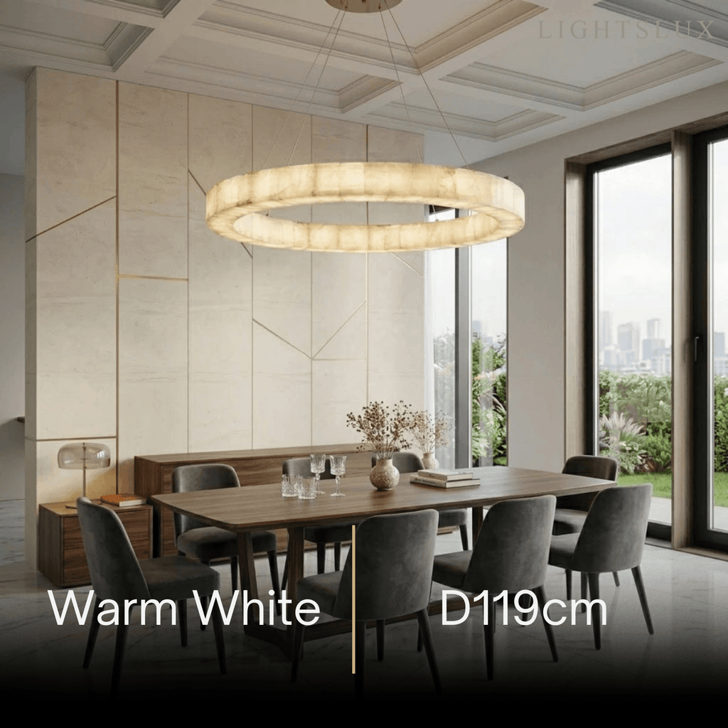 Modern Alabaster Ring Chandelier -- Gold Accents for Living Room - Flindria