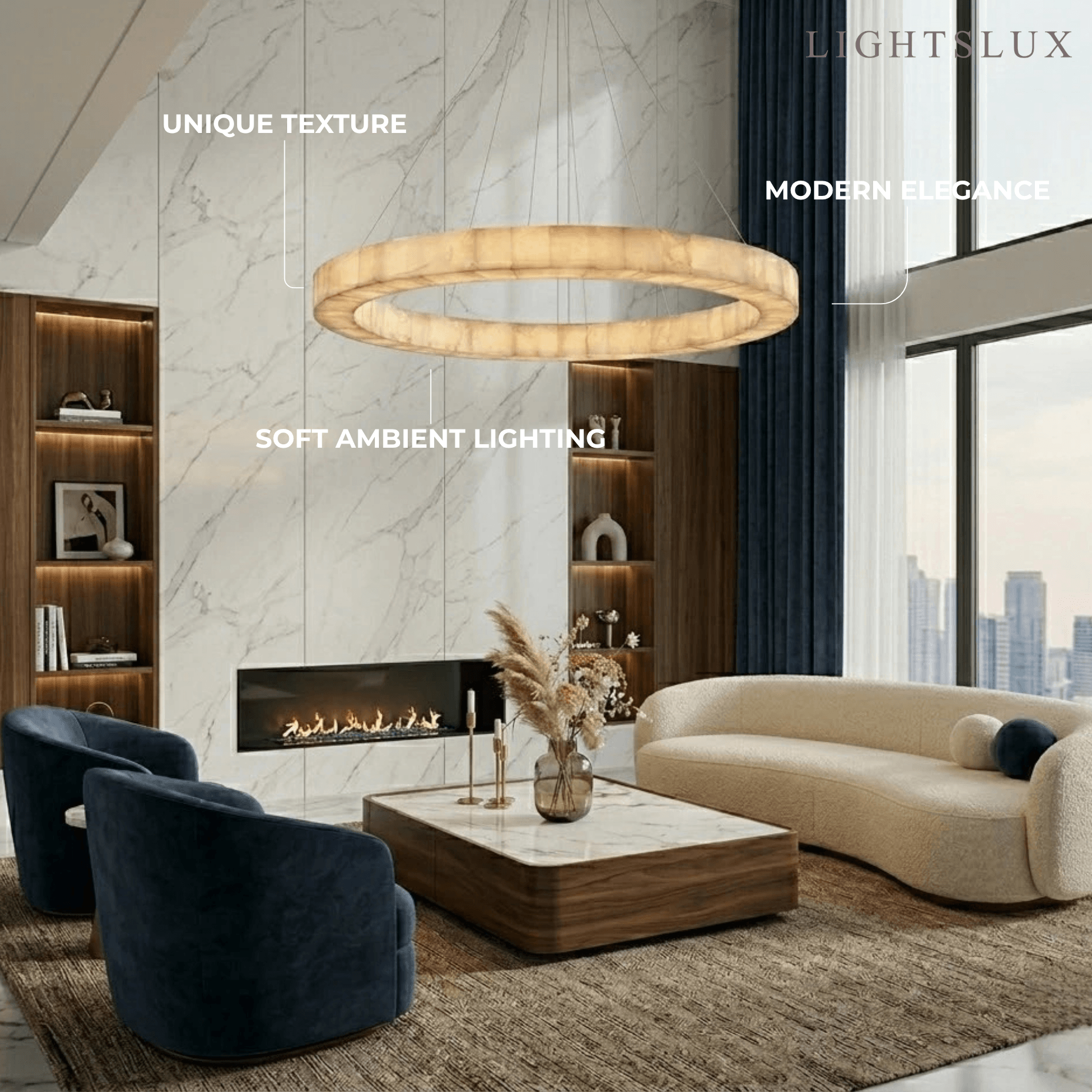 Modern Alabaster Ring Chandelier -- Gold Accents for Living Room - Flindria