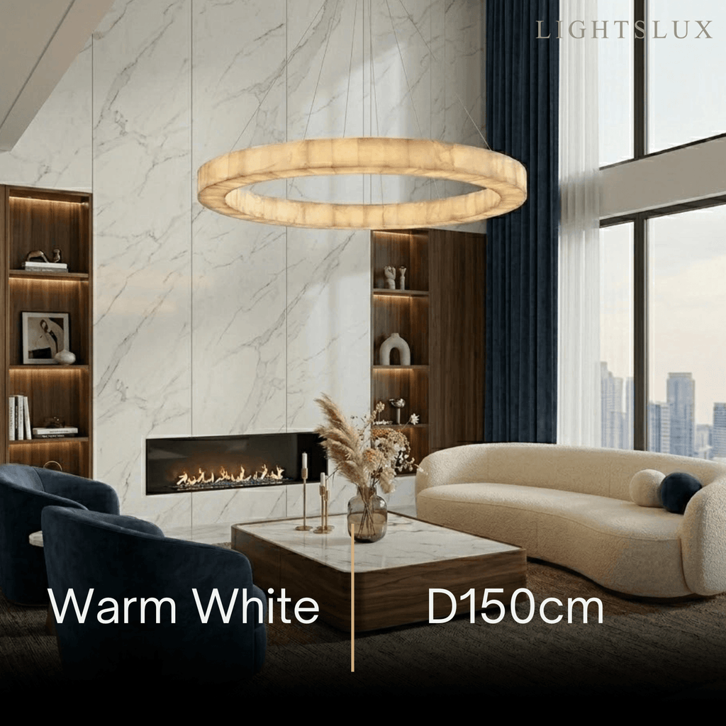 Modern Alabaster Ring Chandelier -- Gold Accents for Living Room - Flindria