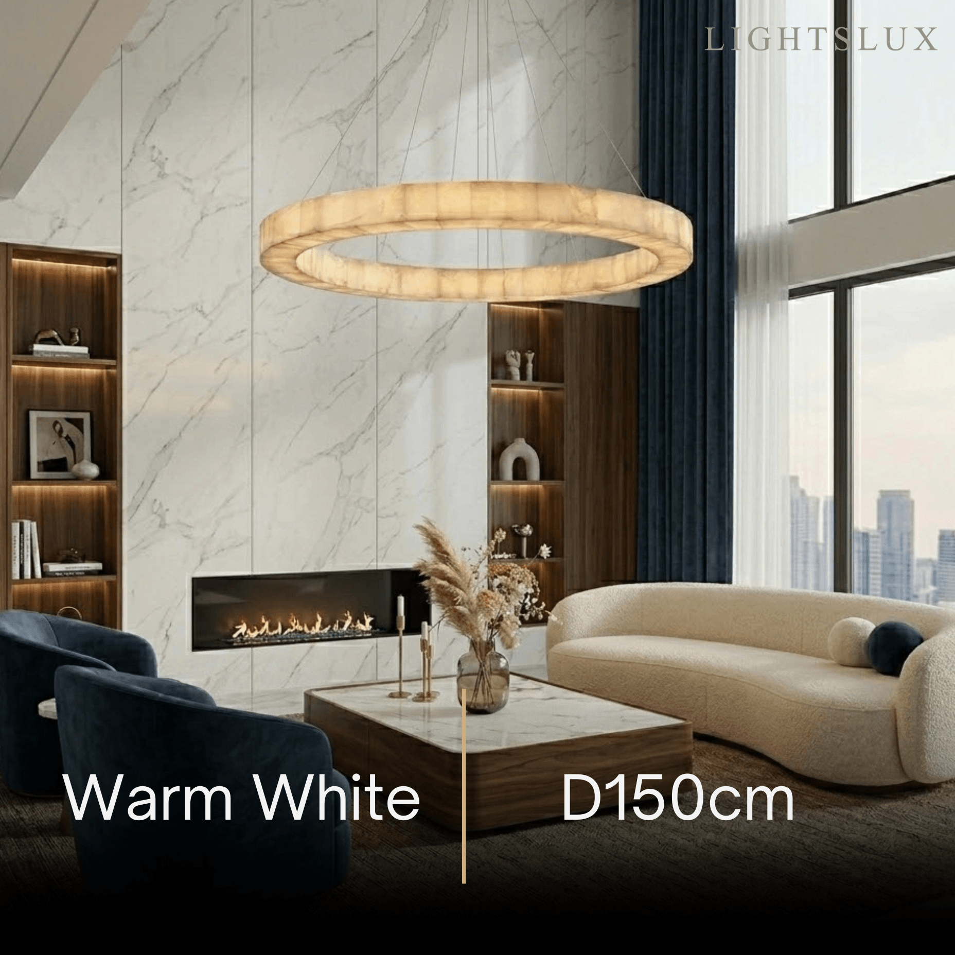 Modern Alabaster Ring Chandelier -- Gold Accents for Living Room - Flindria
