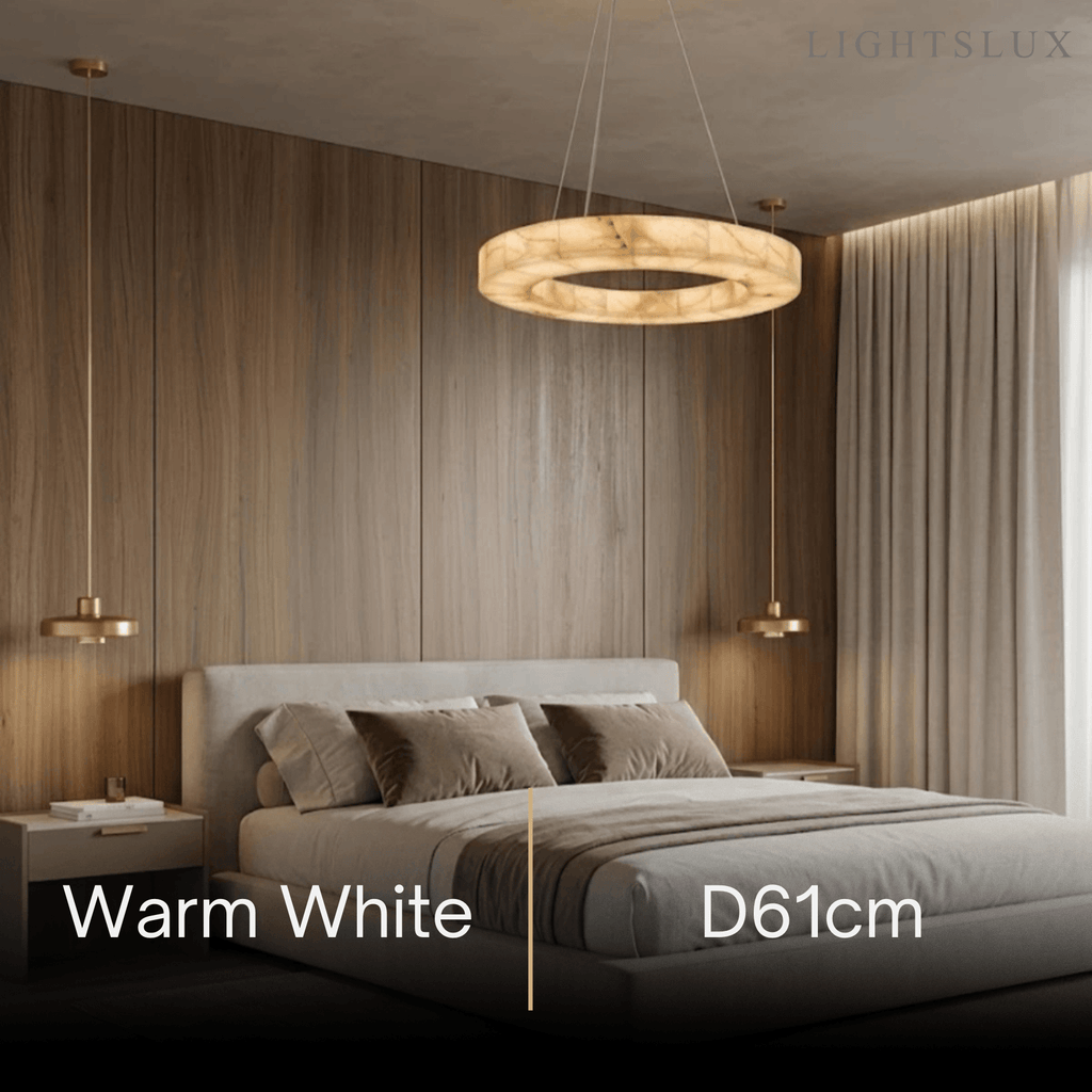 Modern Alabaster Ring Chandelier -- Gold Accents for Living Room - Flindria