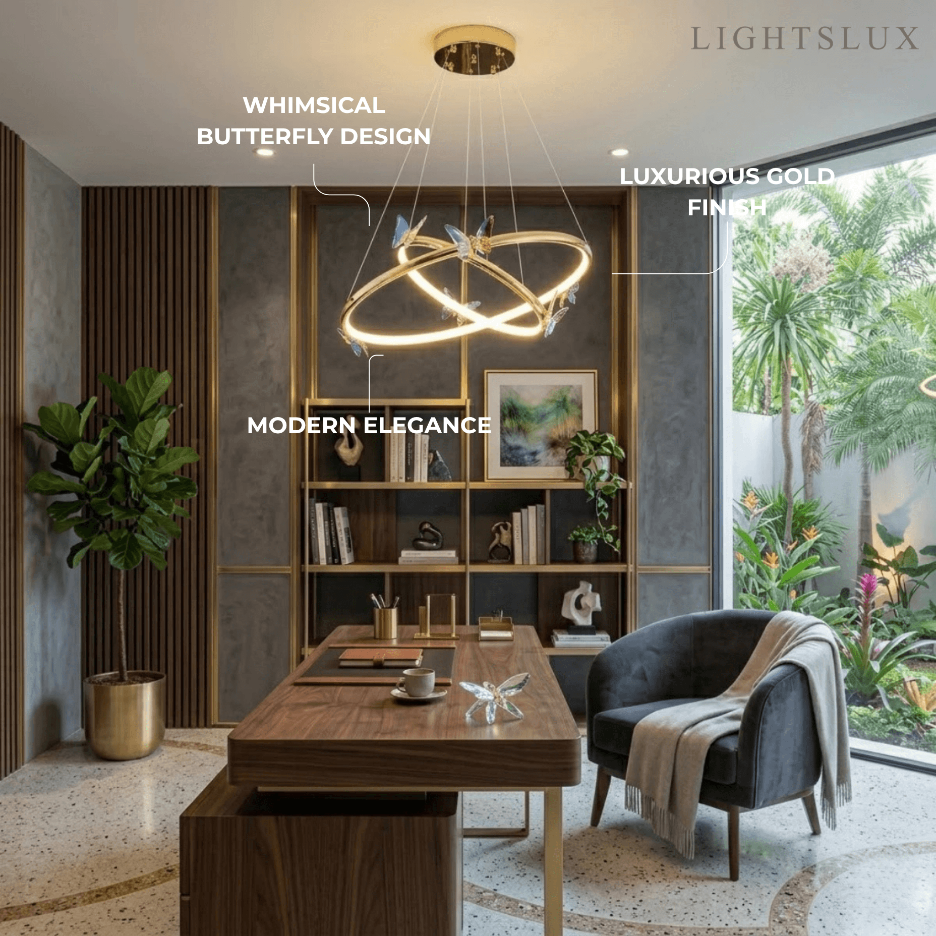 Modern Circular Chandelier – Gold Metal Butterfly Accents for Living Room / Foyer - Flindria