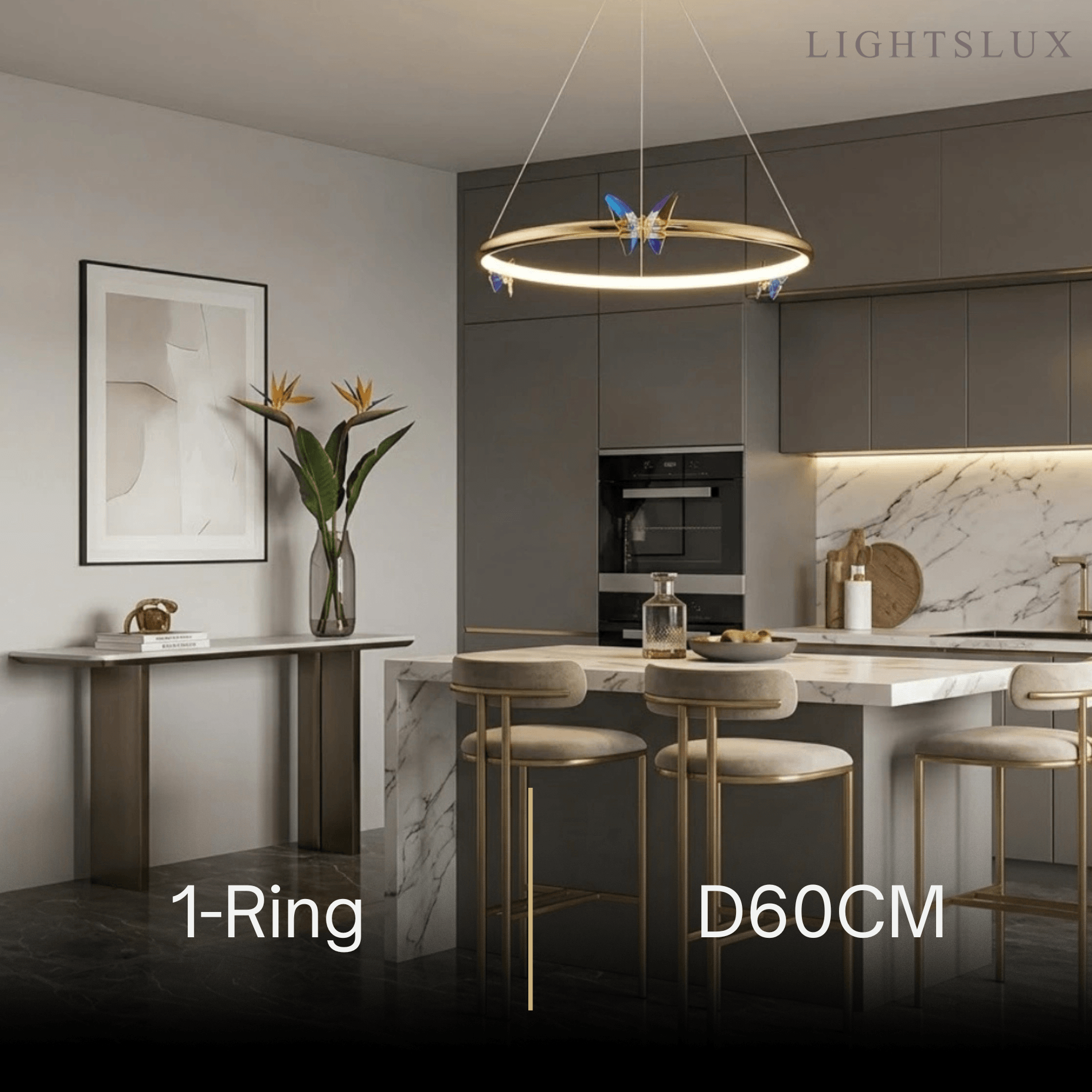 Modern Circular Chandelier – Gold Metal Butterfly Accents for Living Room / Foyer - Flindria