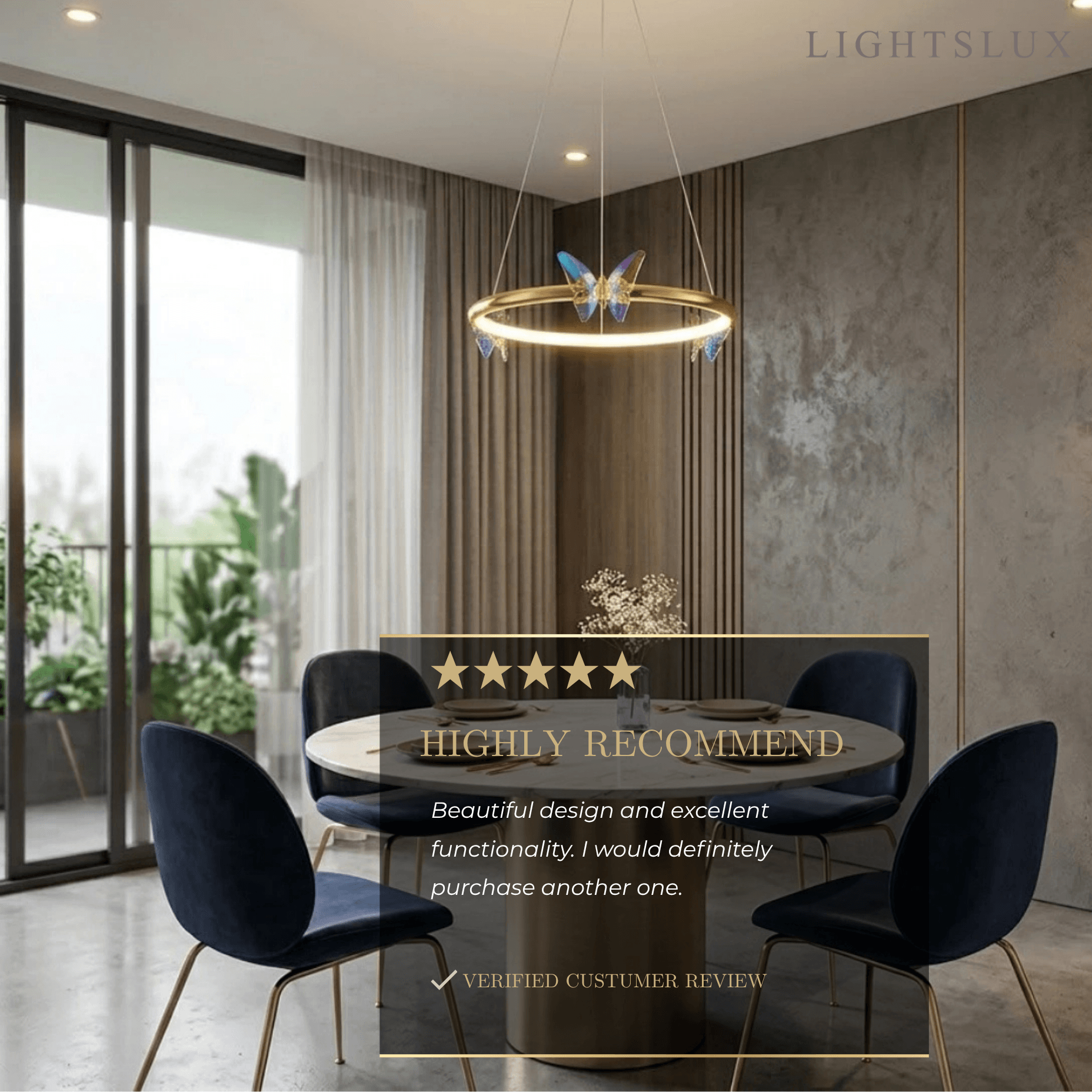 Modern Circular Chandelier – Gold Metal Butterfly Accents for Living Room / Foyer - Flindria