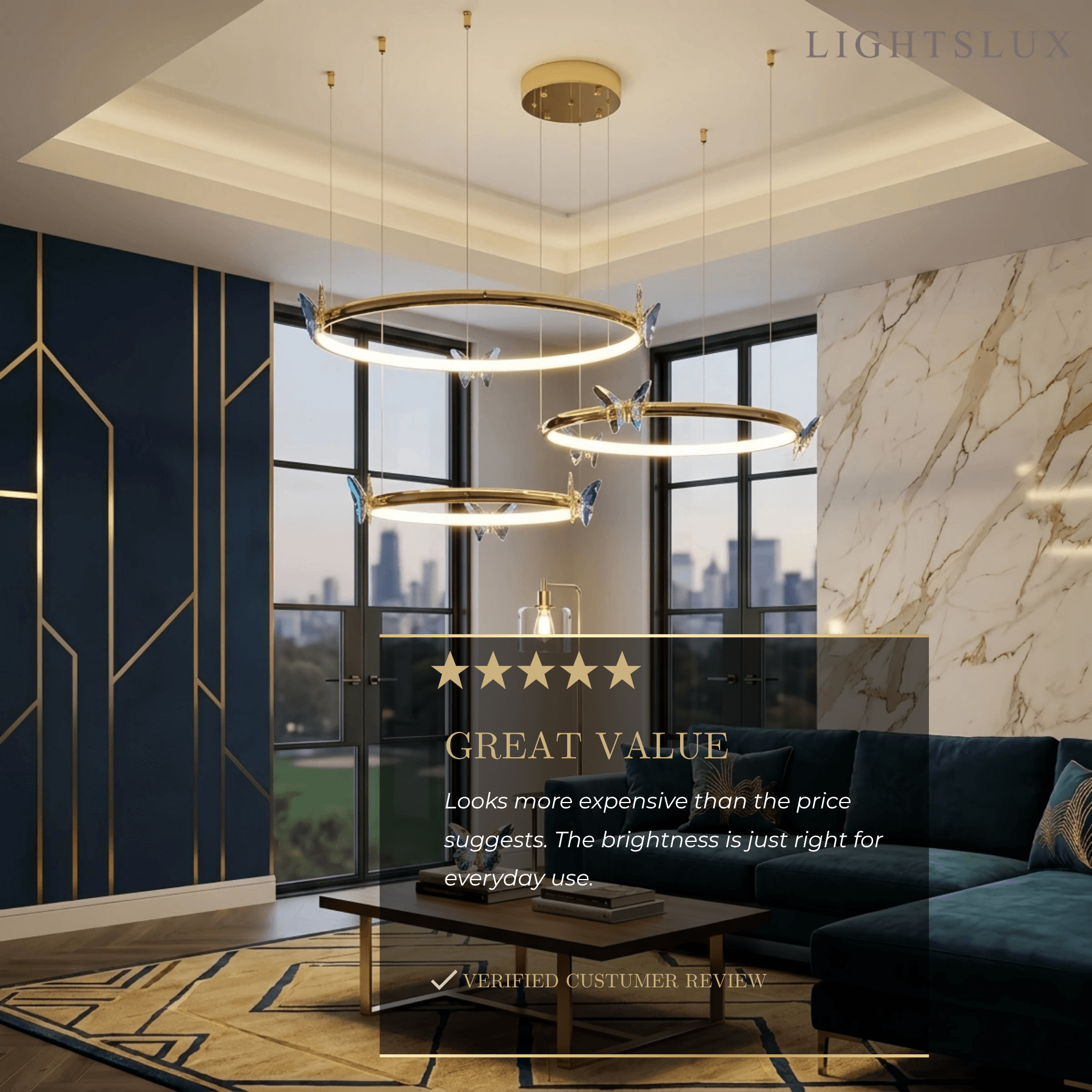 Moderne Rund Lysekrone -- Metal Sommerfugledesign Guld til Stue - Flindria