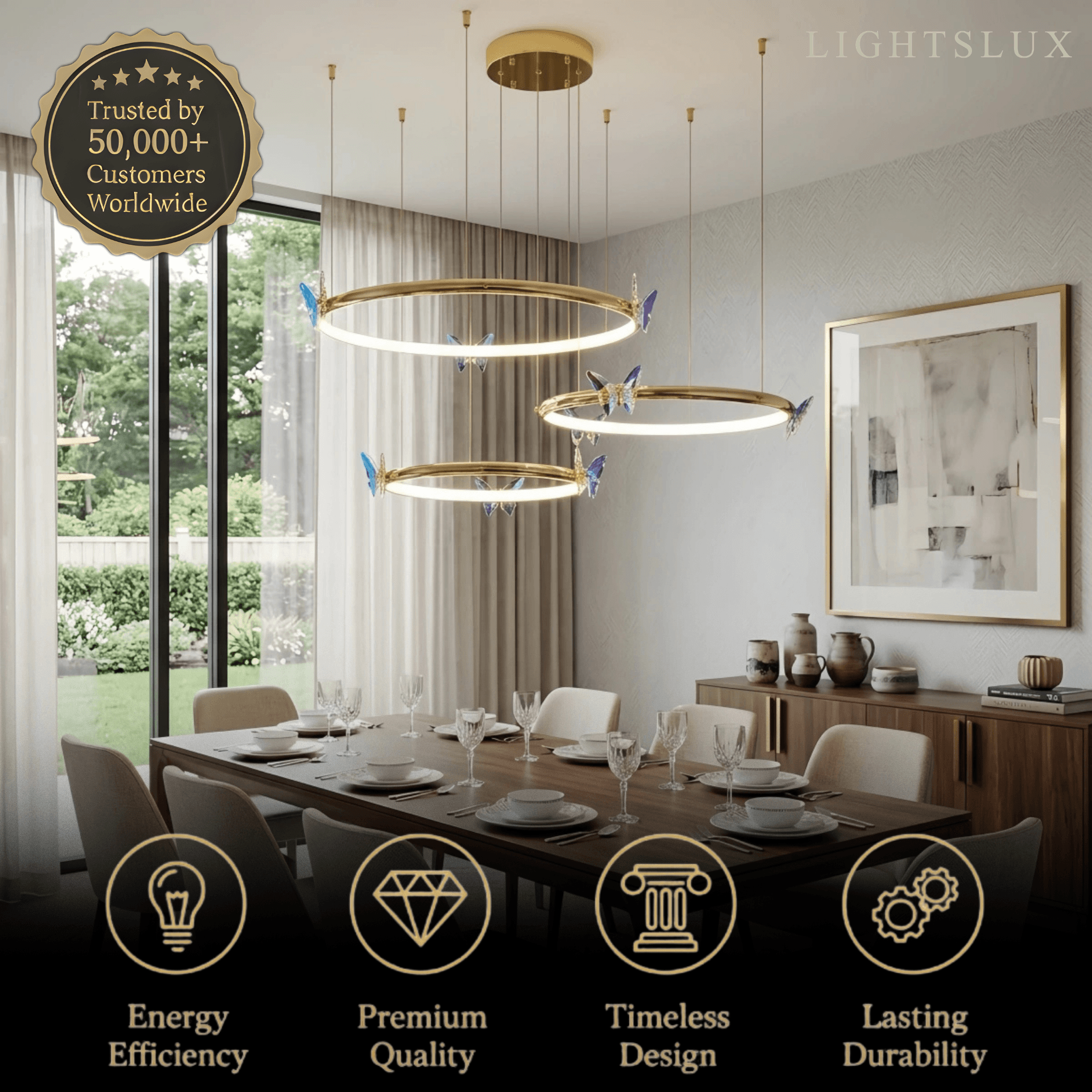 Moderne Rund Lysekrone -- Metal Sommerfugledesign Guld til Stue - Flindria