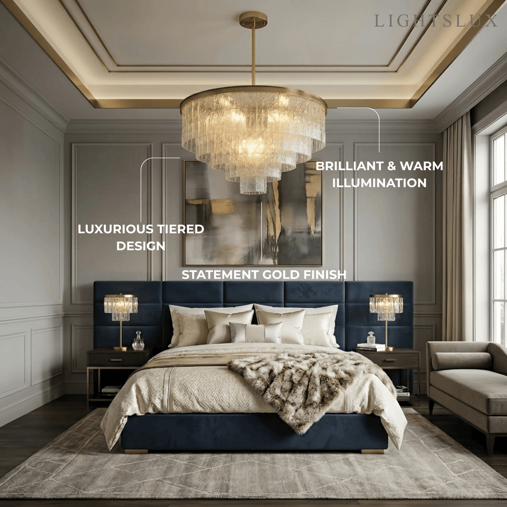 Art Deco vícepodlažní skleněný lustr -- zlatý krystal do obývacího pokoje - Flindria