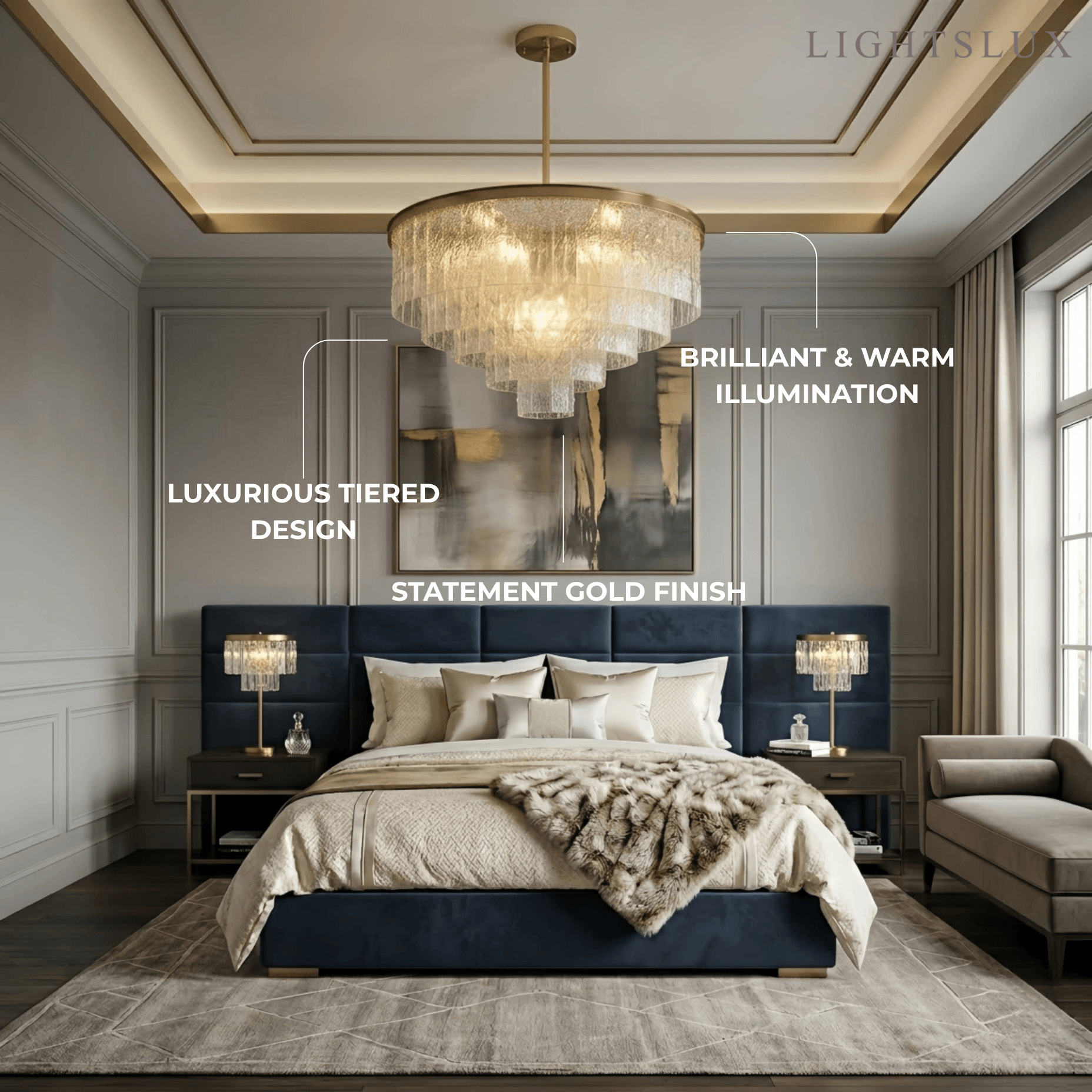 Art Deco vícepodlažní skleněný lustr -- zlatý krystal do obývacího pokoje - Flindria