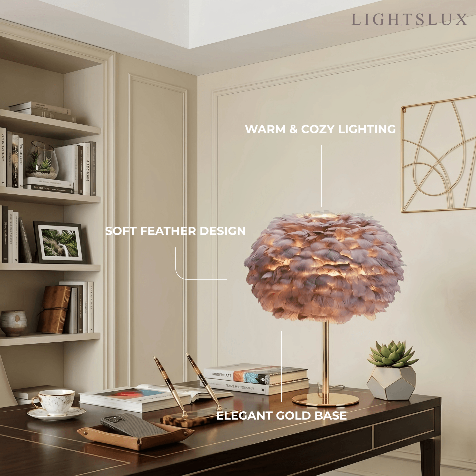 Elegantní stolní lampa ve tvaru peříčka s koulí -- zlatá s bílou/růžovou/šedou pro ložnici a obývací pokoj - Flindria