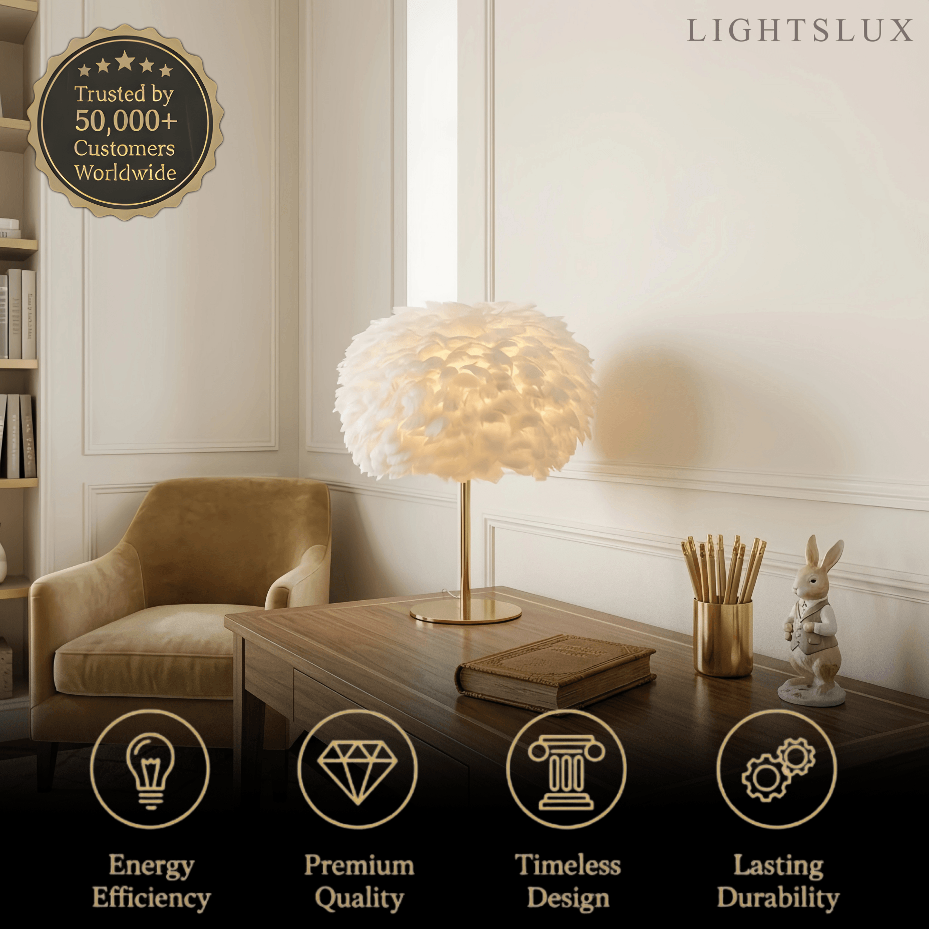 Elegantní stolní lampa ve tvaru peříčka s koulí -- zlatá s bílou/růžovou/šedou pro ložnici a obývací pokoj - Flindria