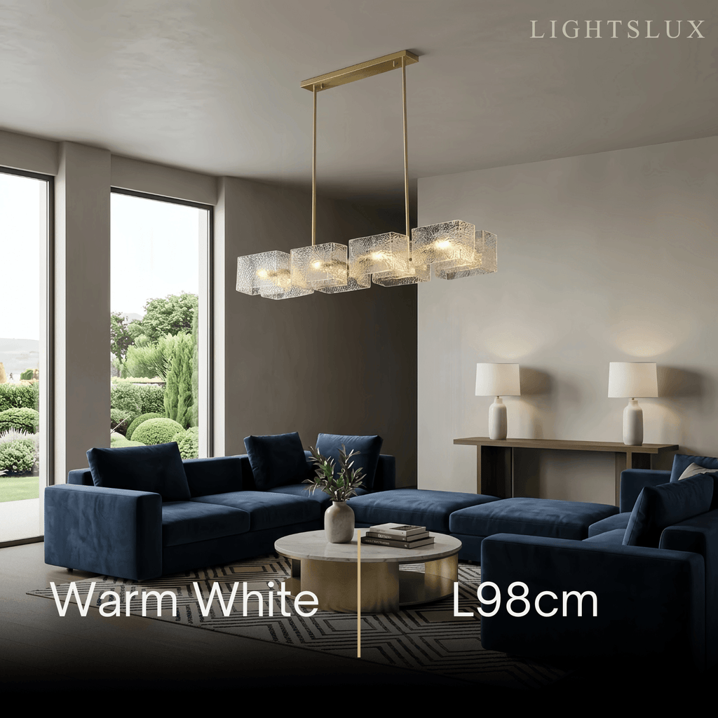 Lámpara de araña recta elegante -- Dorada con vidrio claro con efecto ondulado para comedor y cocina - Flindria