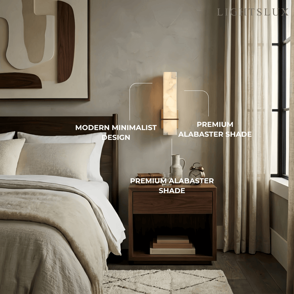 Minimalist Cuboid Wall Lamp -- White Alabaster & Metal for Bedroom Living Room - Flindria