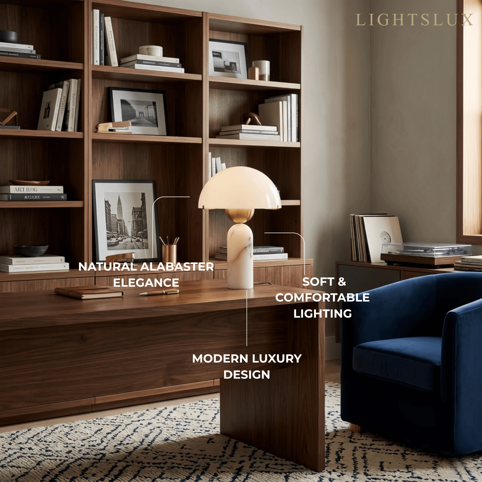 Minimalist Alabaster Table Lamp – Metal & Glass with Gold Finish for Indoor - Flindria