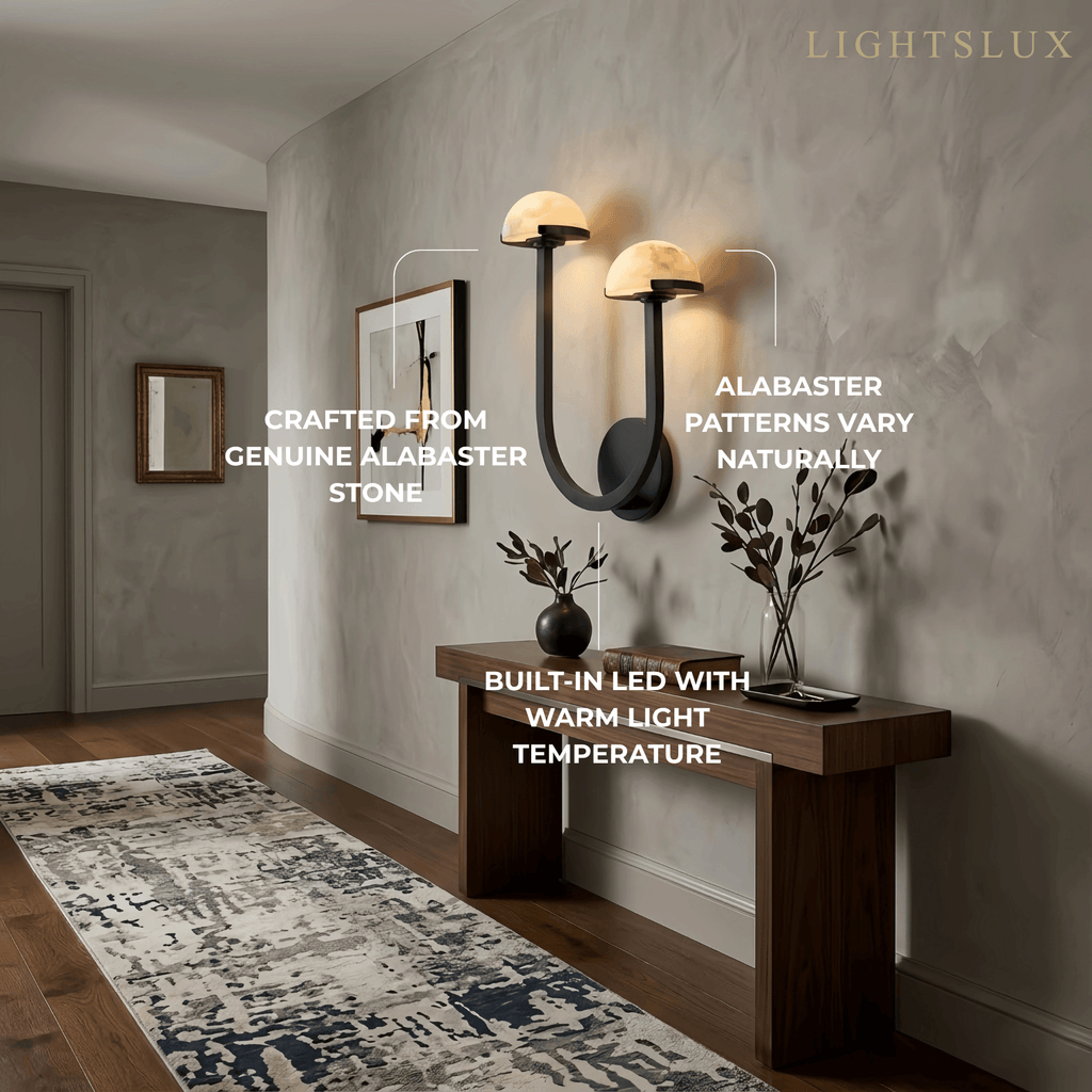 Modern Double Wall Light -- Brass & Alabaster for Indoor Wall - Flindria