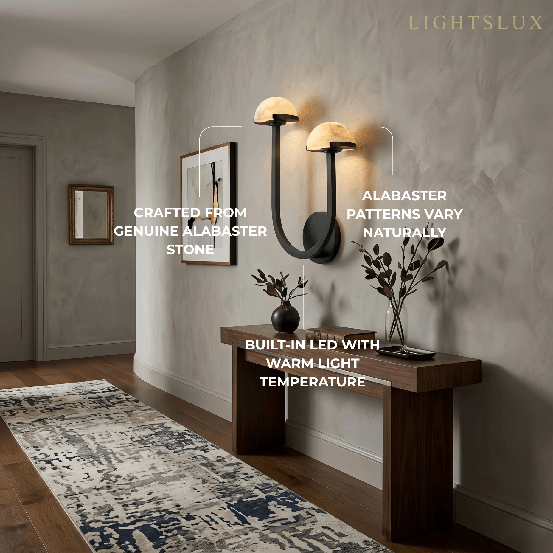 Modern Double Wall Light -- Brass & Alabaster for Indoor Wall - Flindria