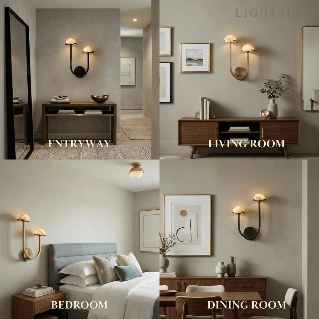 Modern Double Wall Light -- Brass & Alabaster for Indoor Wall - Flindria