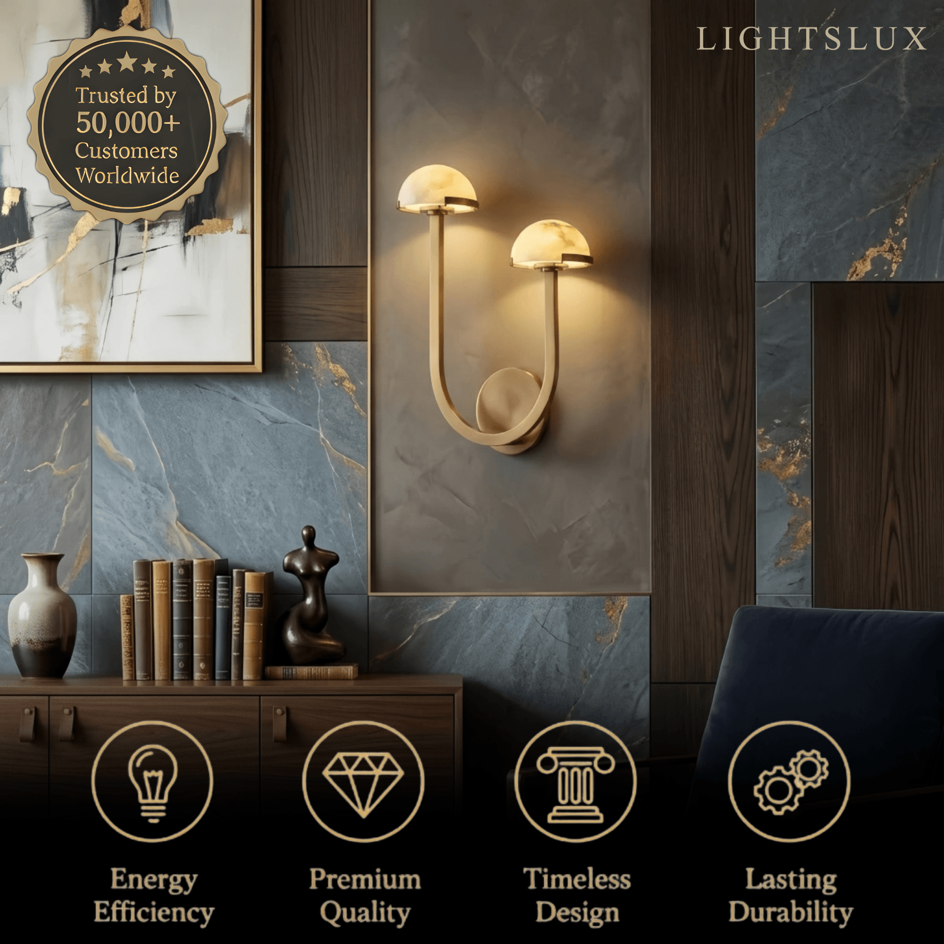 Modern Double Wall Light -- Brass & Alabaster for Indoor Wall - Flindria