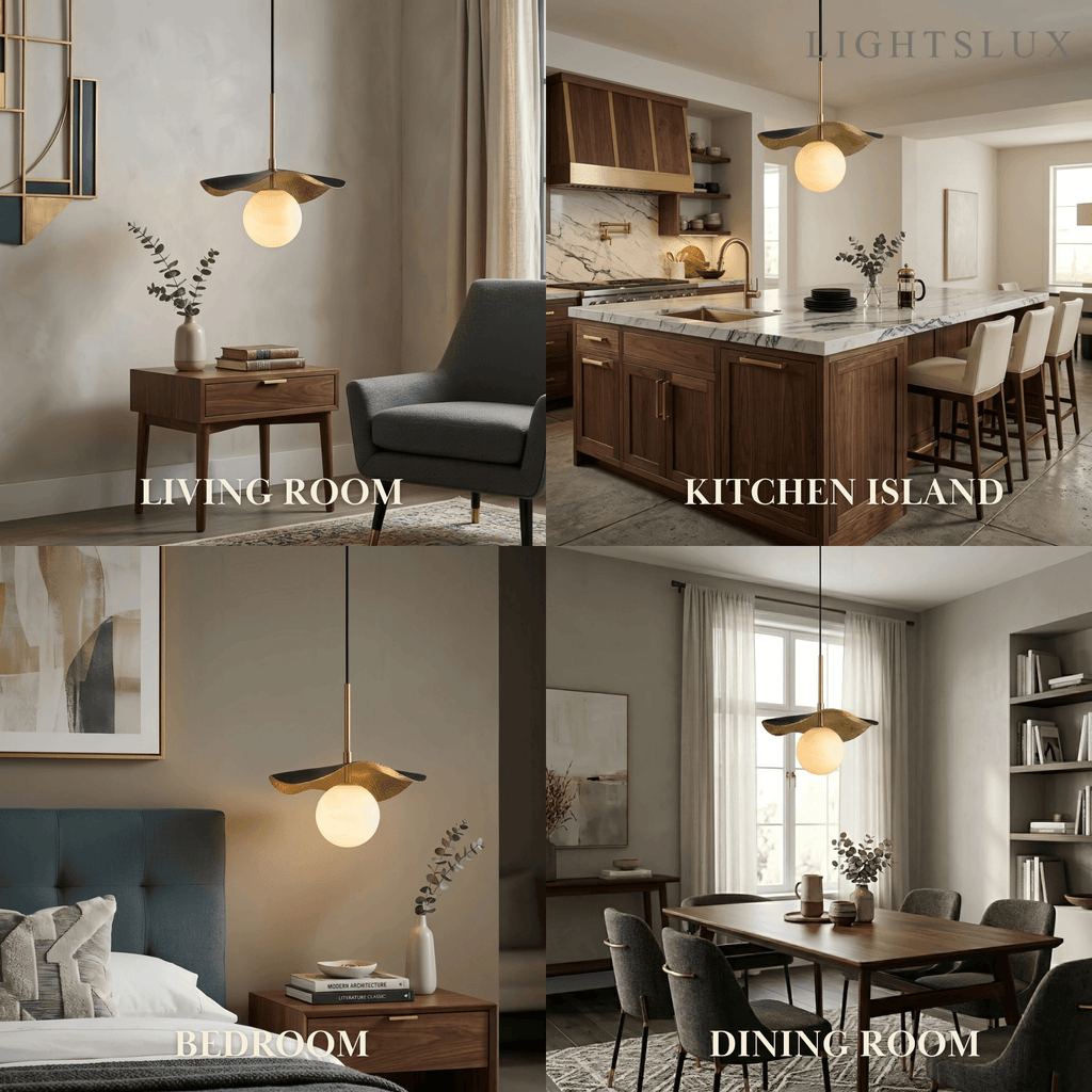 Modern Minimalist Pendant Light -- Brass and Black Alabaster White Shade for Living Room - Flindria