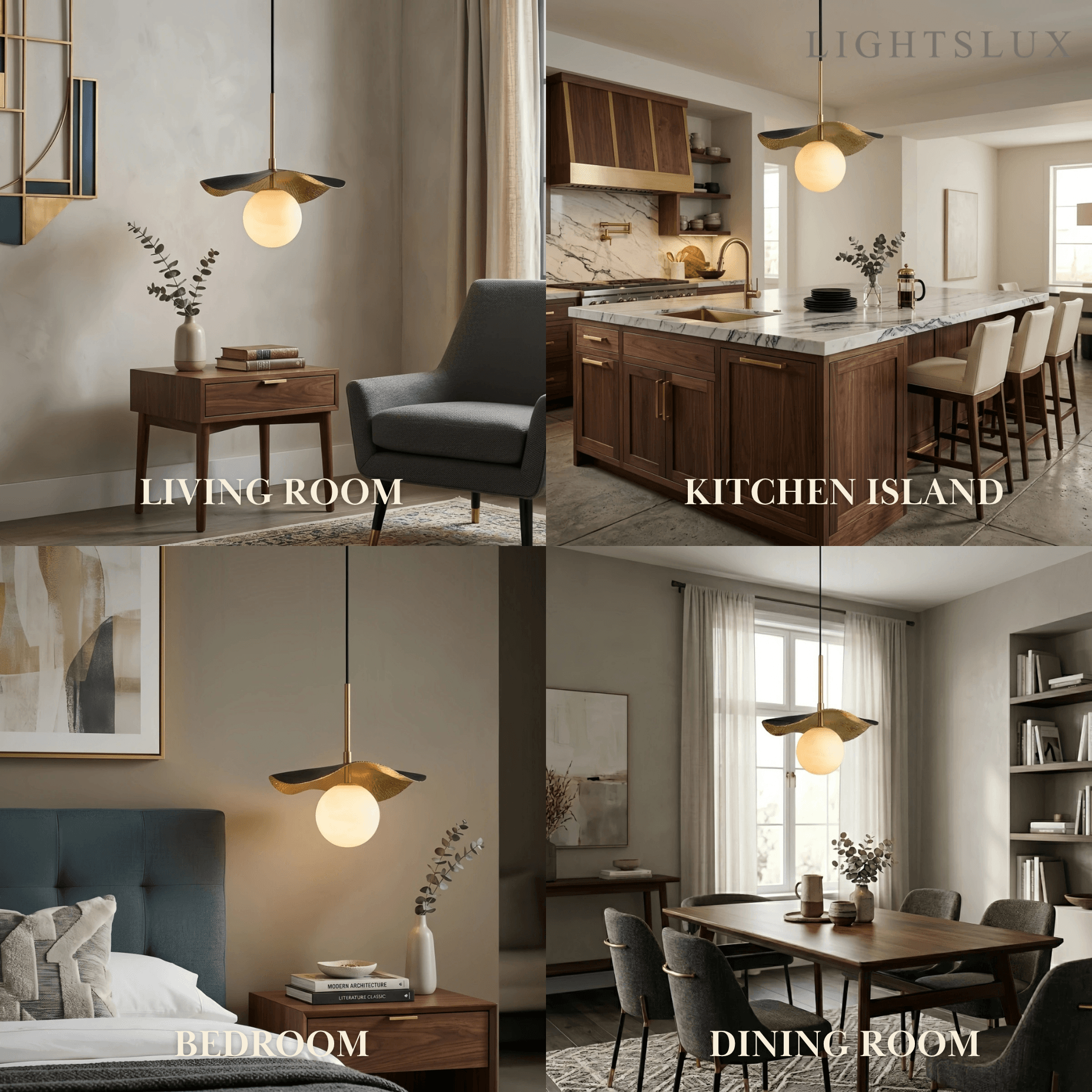 Modern Minimalist Pendant Light -- Brass and Black Alabaster White Shade for Living Room - Flindria