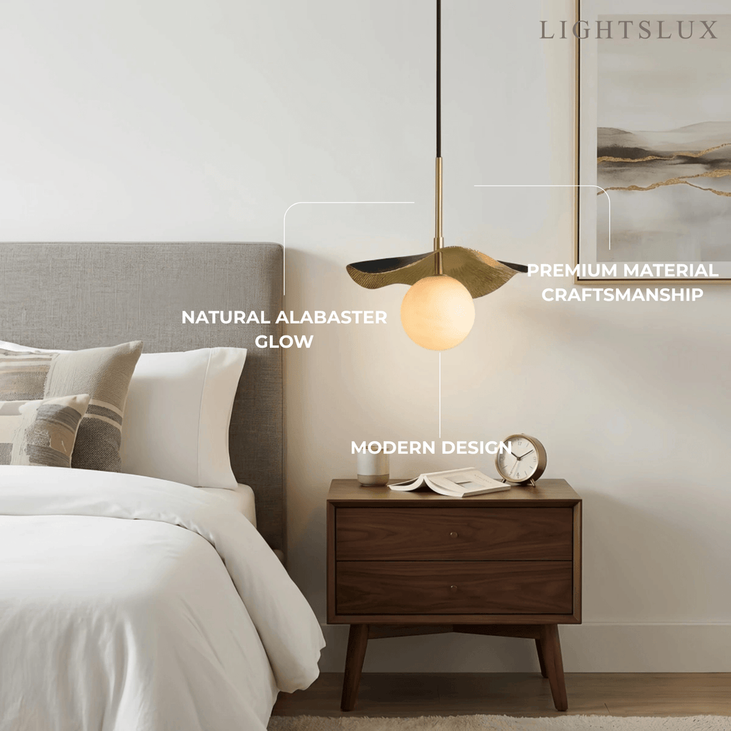 Modern Minimalist Pendant Light -- Brass and Black Alabaster White Shade for Living Room - Flindria