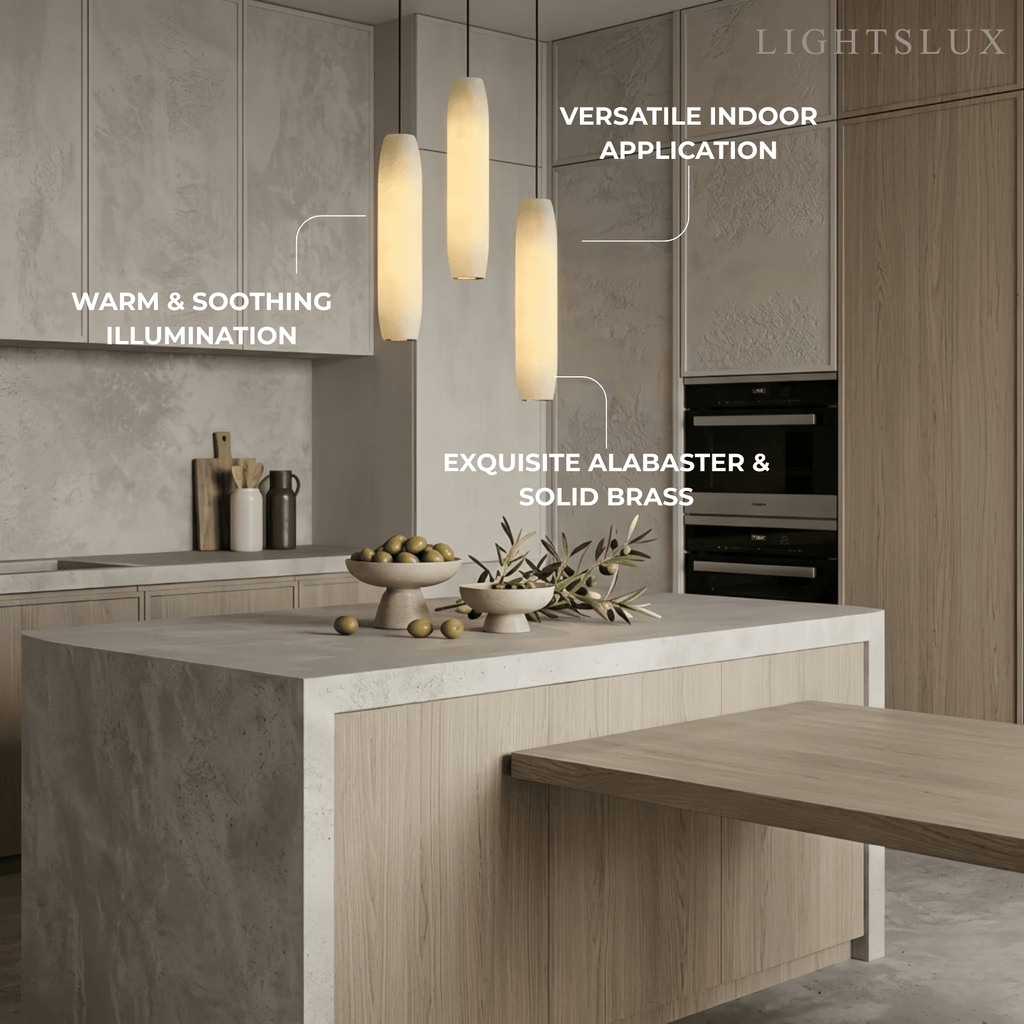 Modern Cylinder Pendant Light – Brass and Alabaster for Dining Room - Flindria