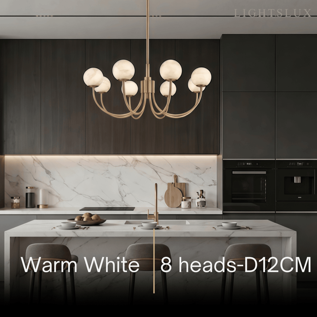 Modern Minimalist Globe Chandelier – Brass Alabaster White for Dining Room, Living Room, Bedroom - Flindria
