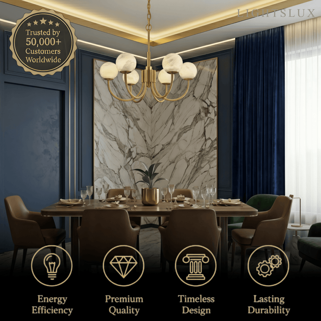 Modern Minimalist Globe Chandelier – Brass Alabaster White for Dining Room, Living Room, Bedroom - Flindria