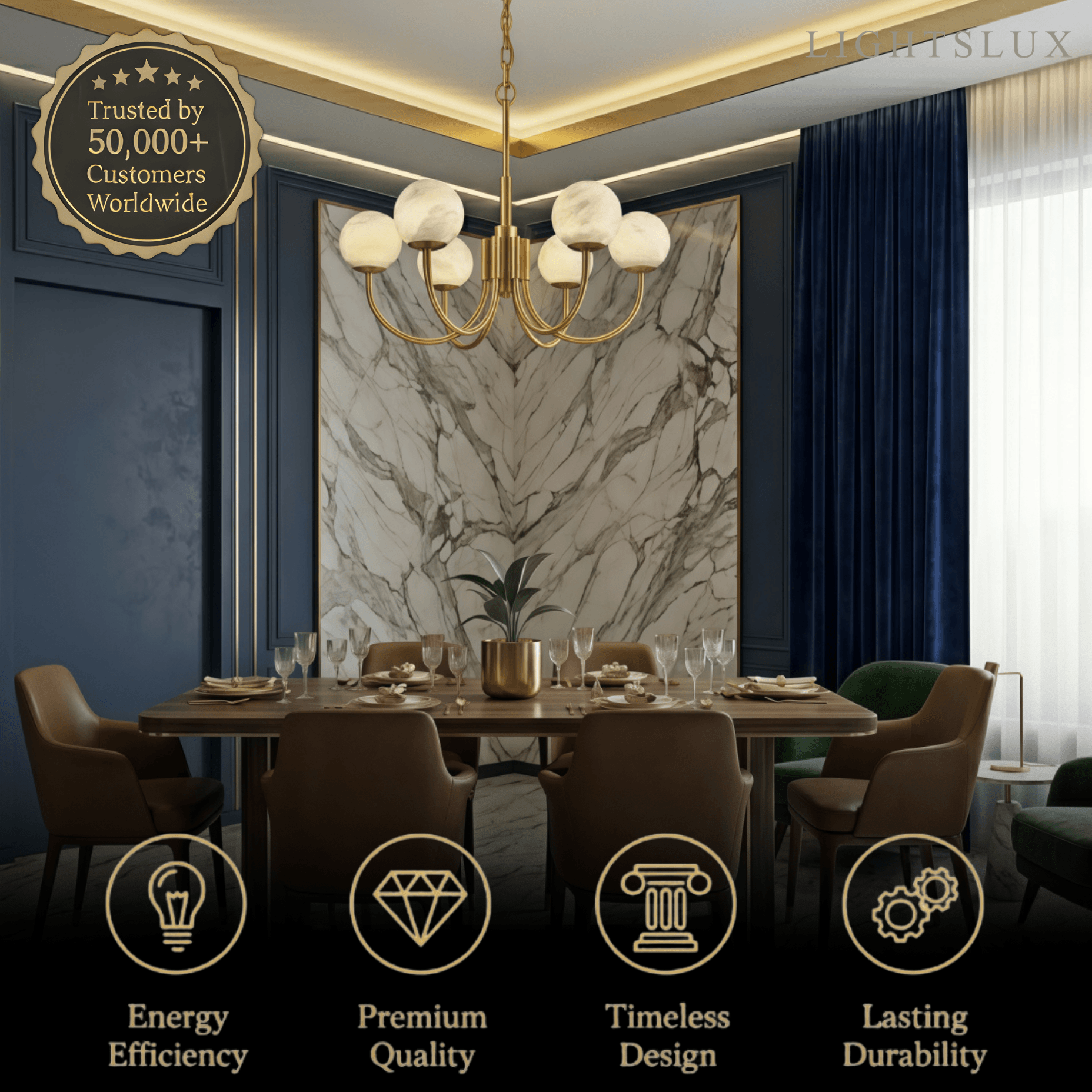 Modern Minimalist Globe Chandelier – Brass Alabaster White for Dining Room, Living Room, Bedroom - Flindria