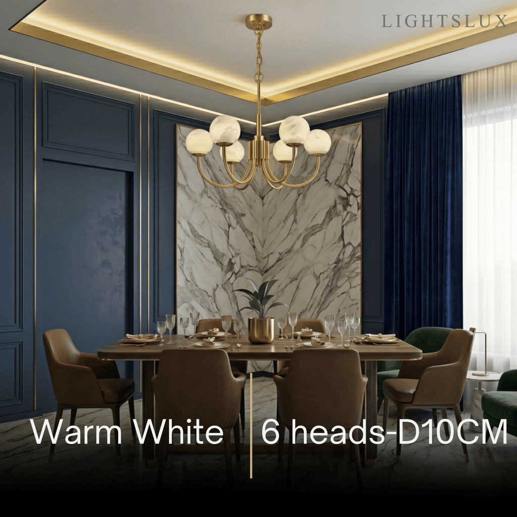Modern Minimalist Globe Chandelier – Brass Alabaster White for Dining Room, Living Room, Bedroom - Flindria