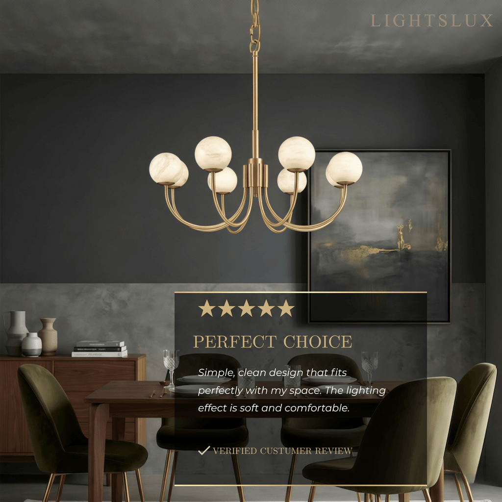 Modern Minimalist Globe Chandelier – Brass Alabaster White for Dining Room, Living Room, Bedroom - Flindria