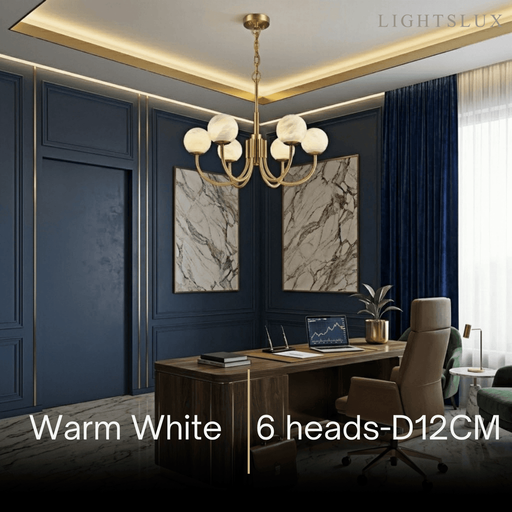 Modern Minimalist Globe Chandelier – Brass Alabaster White for Dining Room, Living Room, Bedroom - Flindria