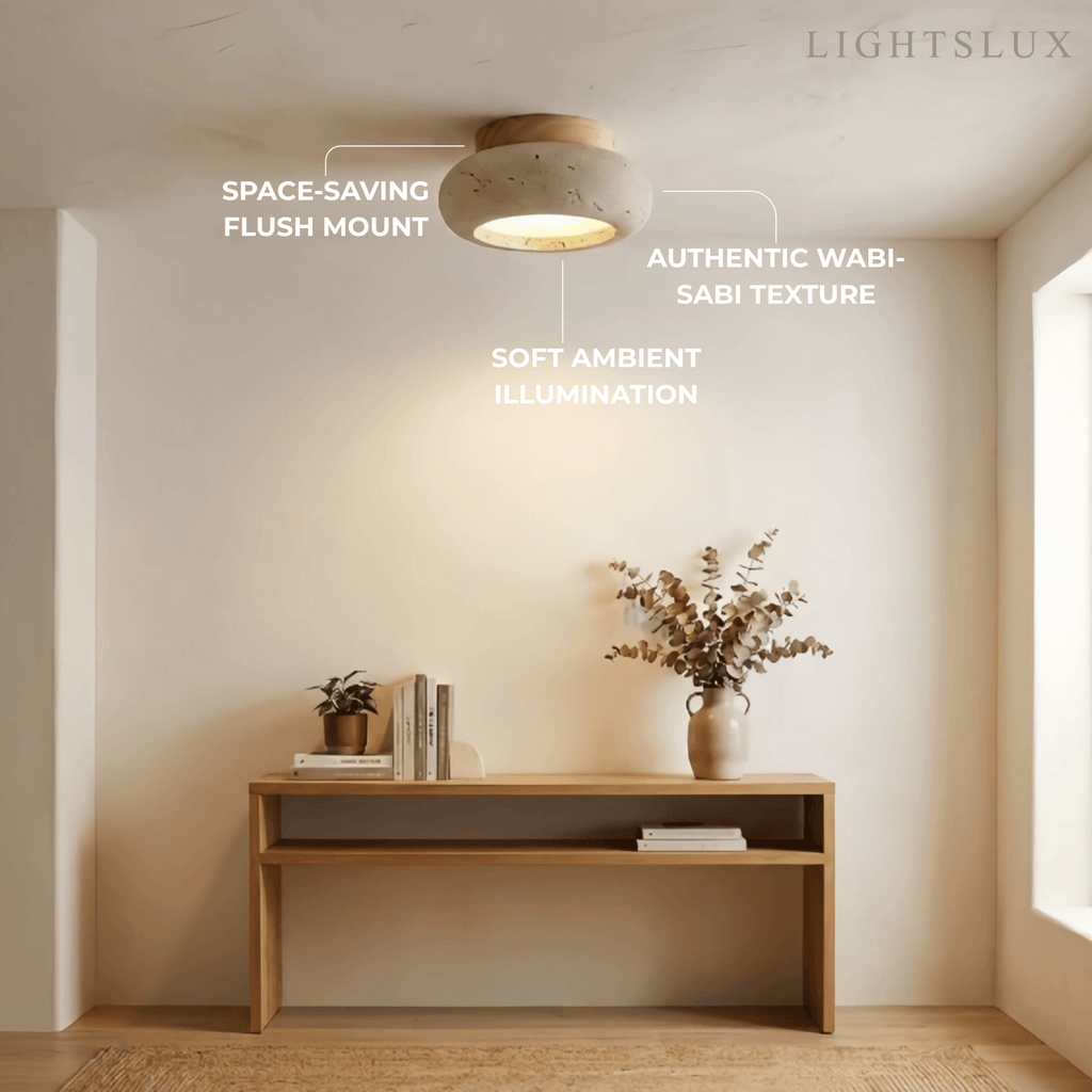 Lámpara de techo estilo japonés de travertino – Montaje empotrado de madera natural para sala, comedor y dormitorio - Flindria