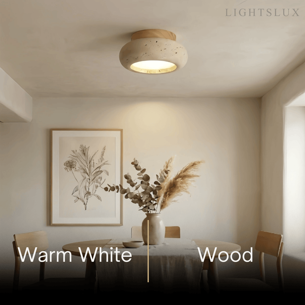 Lámpara de techo estilo japonés de travertino – Montaje empotrado de madera natural para sala, comedor y dormitorio - Flindria