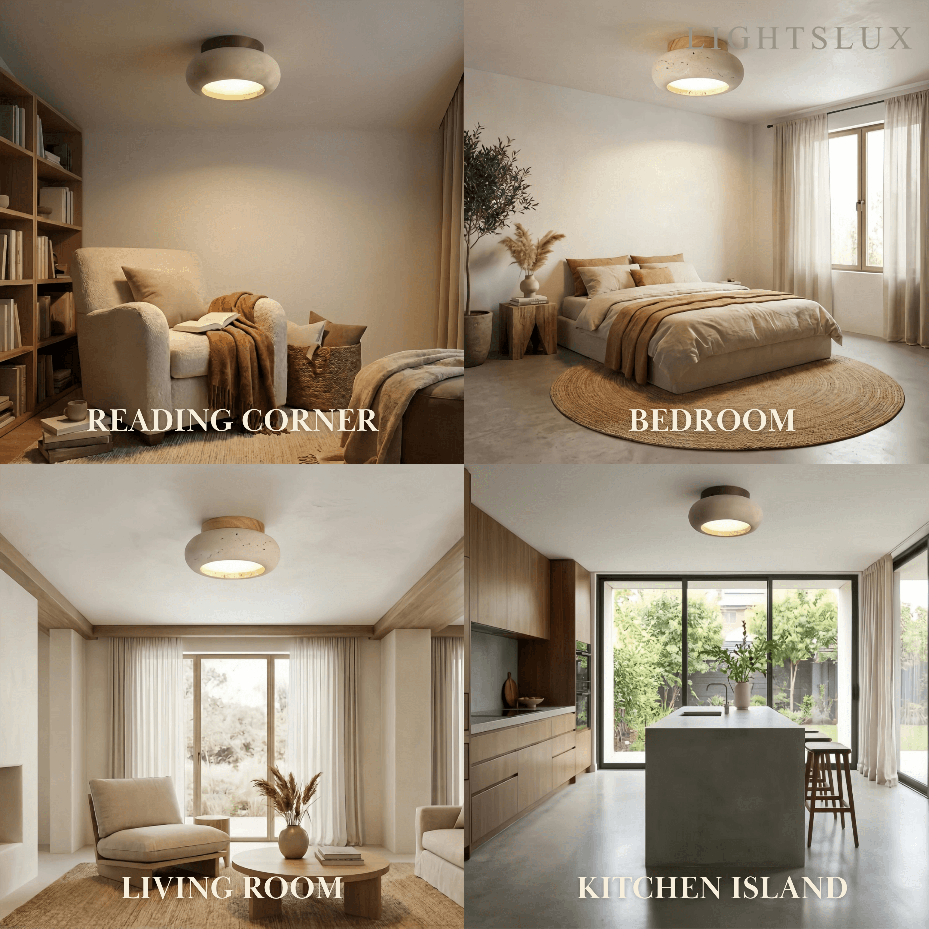 Lámpara de techo estilo japonés de travertino – Montaje empotrado de madera natural para sala, comedor y dormitorio - Flindria