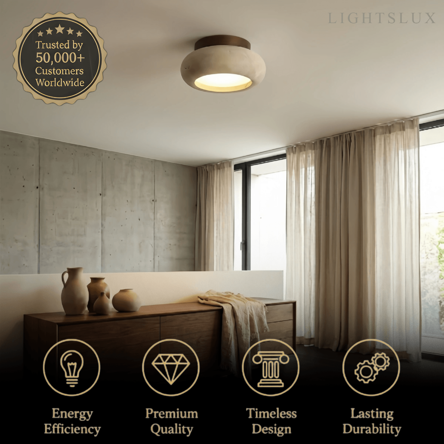 Lámpara de techo estilo japonés de travertino – Montaje empotrado de madera natural para sala, comedor y dormitorio - Flindria