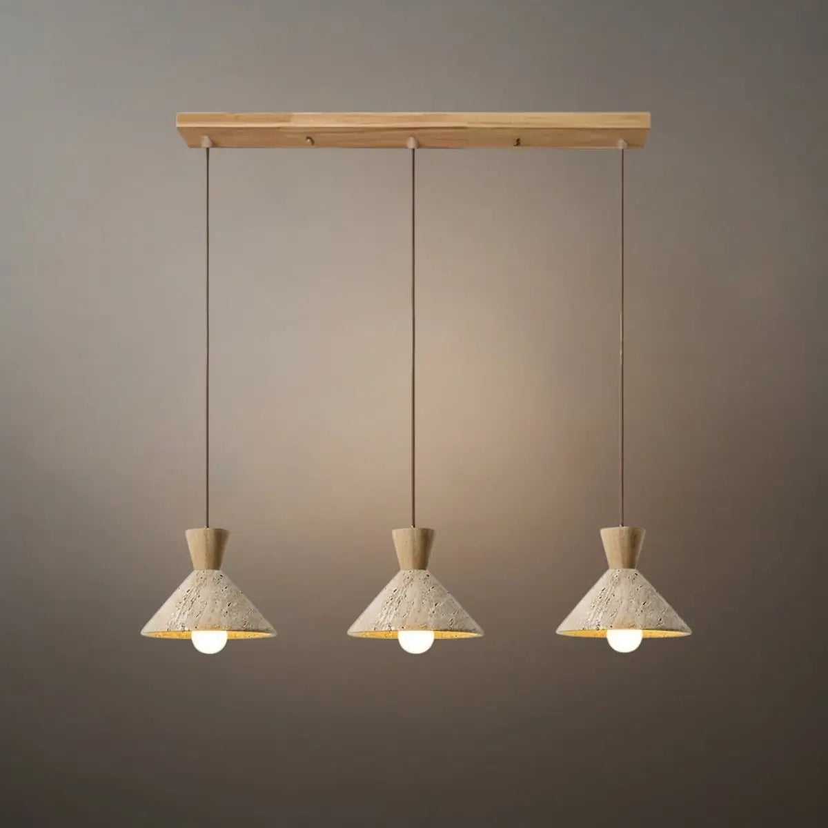 モダンなトラバーチンペンダントライト -- リビングルーム用のナチュラルストーンとウォールナット材 - Flindria