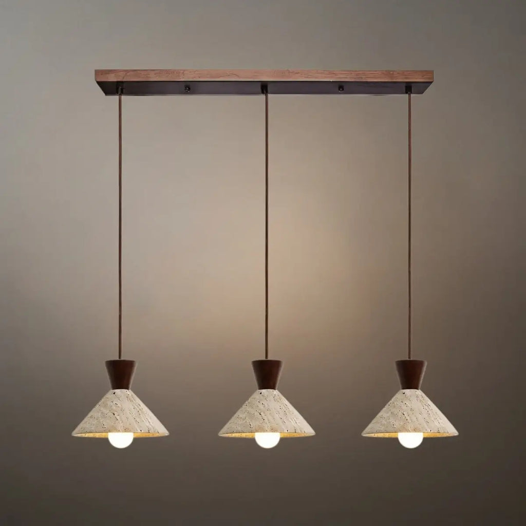 モダンなトラバーチンペンダントライト -- リビングルーム用のナチュラルストーンとウォールナット材 - Flindria