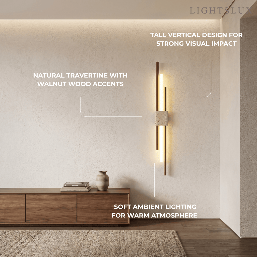 Minimalist Travertine Wall Light -- Wood Walnut for Hallway Living Room Bedroom Fireplace Area - Flindria