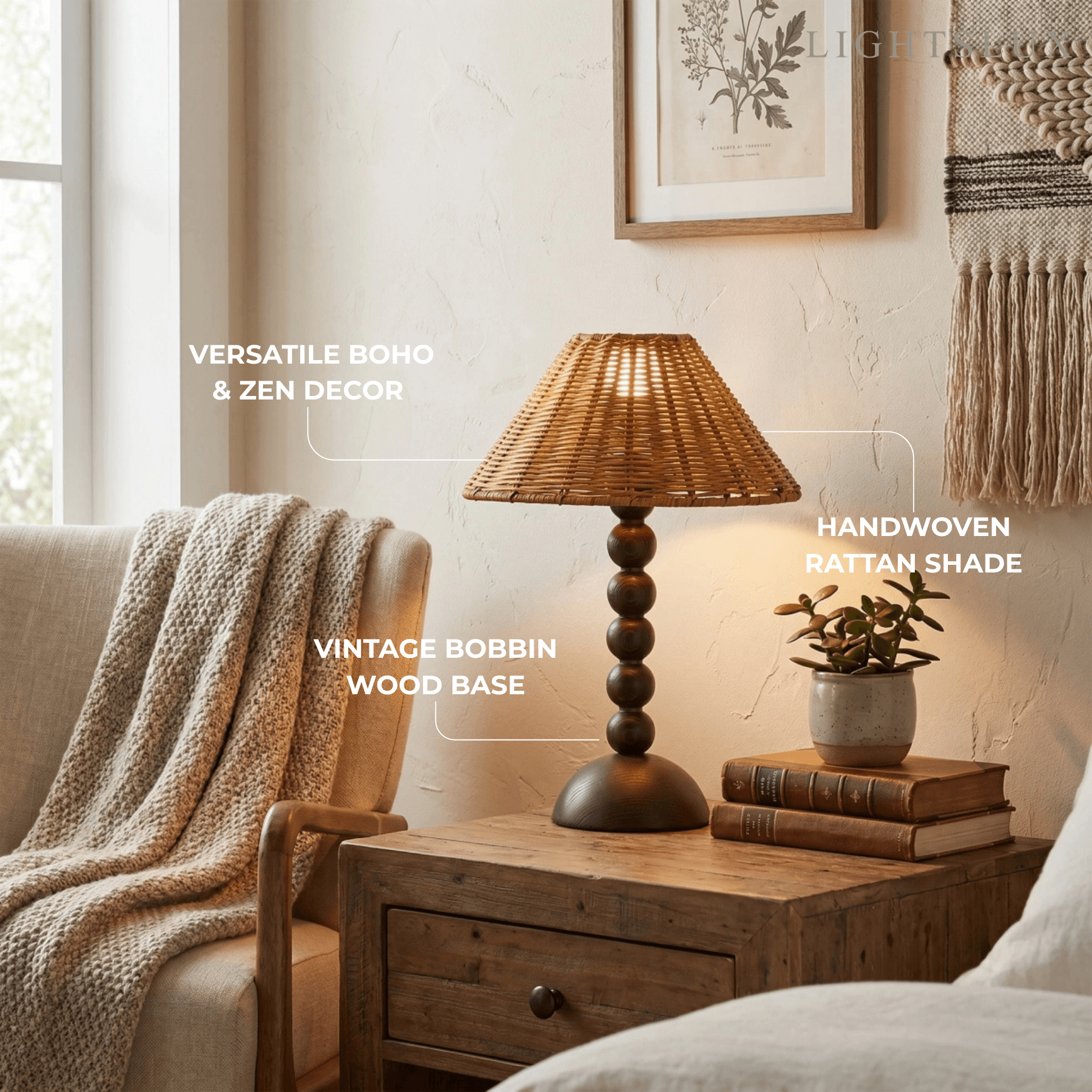 Vintage Natural Wood & Rattan Table Lamp - Walnut Color for Bedroom Living Room Office - Flindria