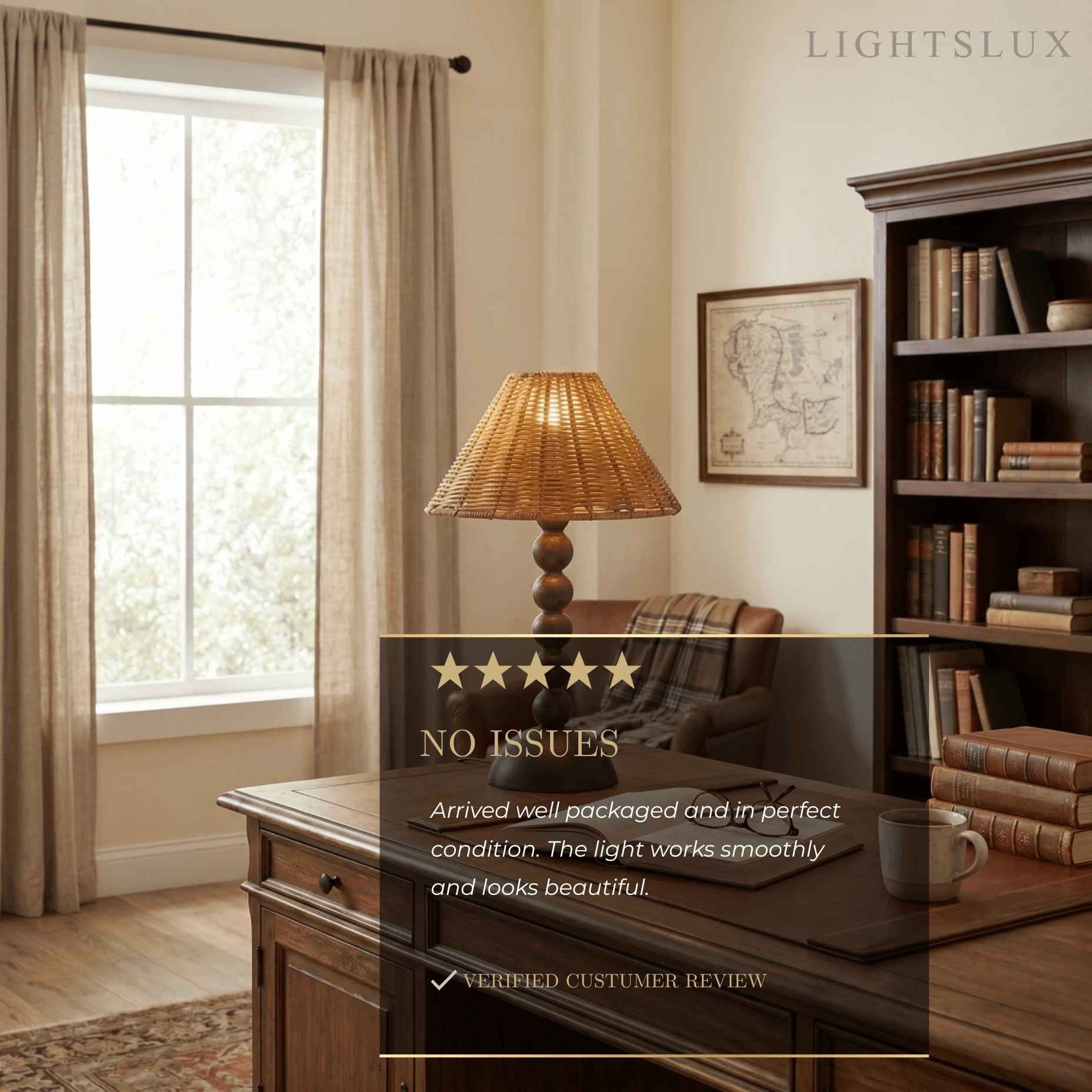 Vintage Natural Wood & Rattan Table Lamp - Walnut Color for Bedroom Living Room Office - Flindria