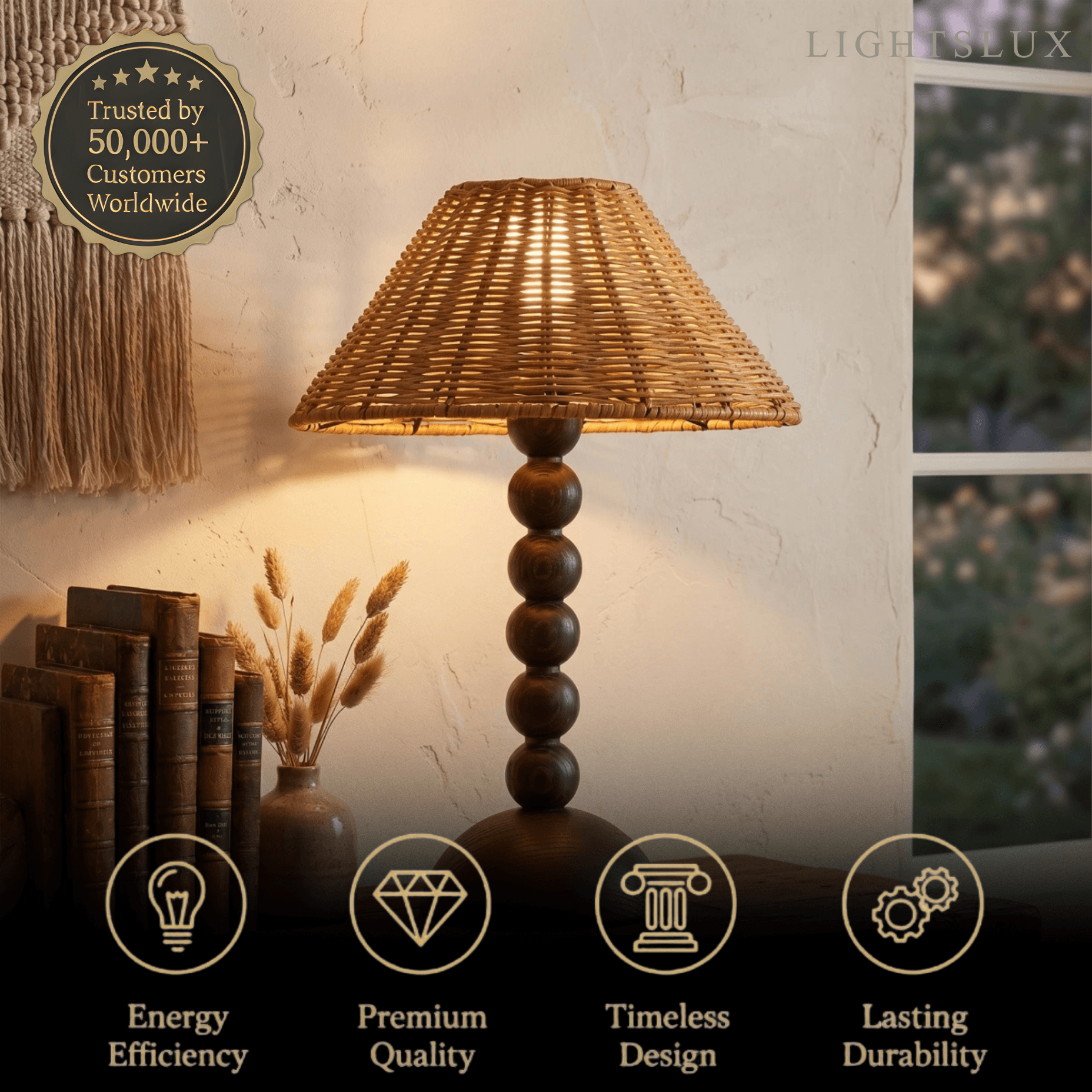 Vintage Natural Wood & Rattan Table Lamp - Walnut Color for Bedroom Living Room Office - Flindria