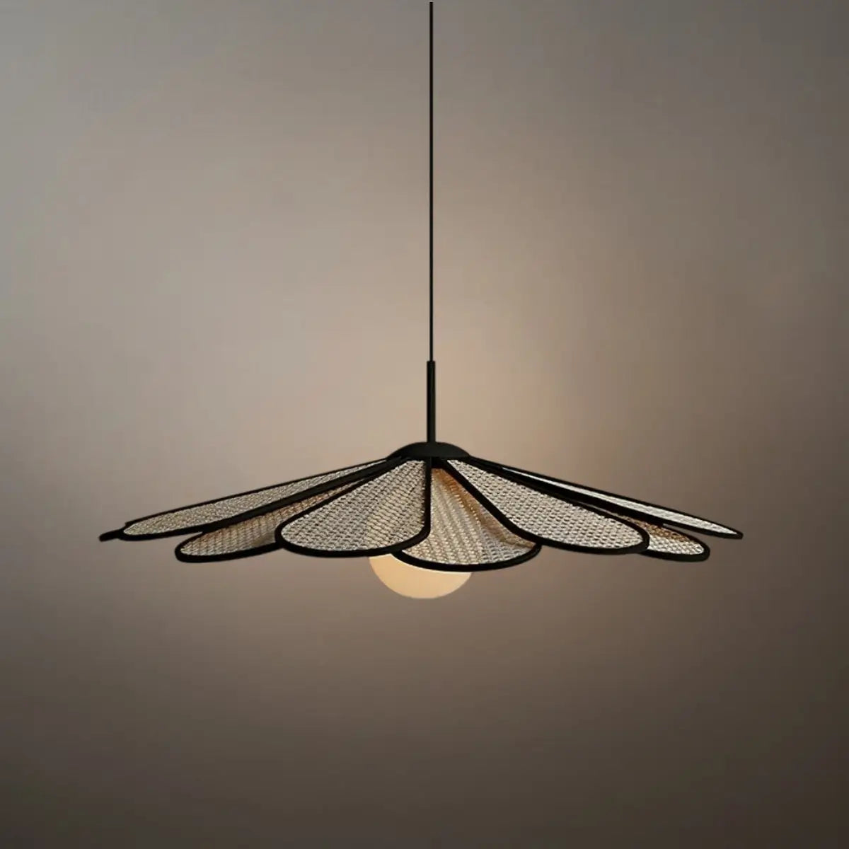 Natural Rattan Petal Pendant Light – Black Metal for Living Room - Flindria