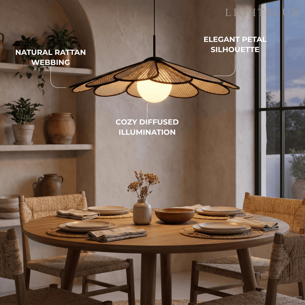 Natural Rattan Petal Pendant Light – Black Metal for Living Room - Flindria