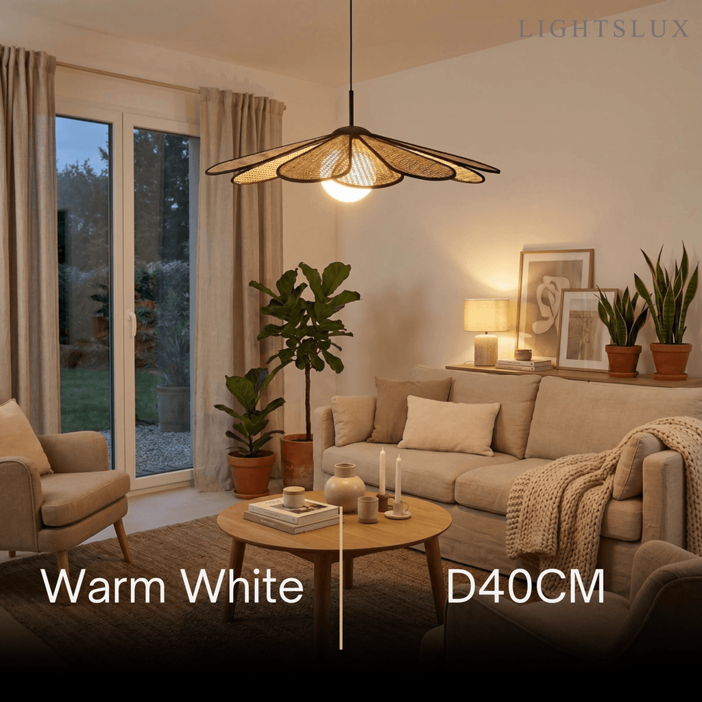 Natural Rattan Petal Pendant Light – Black Metal for Living Room - Flindria