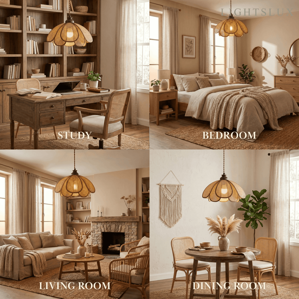 Natural Pendant Light -- Rattan&Wood Walnut Color for Dining Room Living Room Bedroom - Flindria