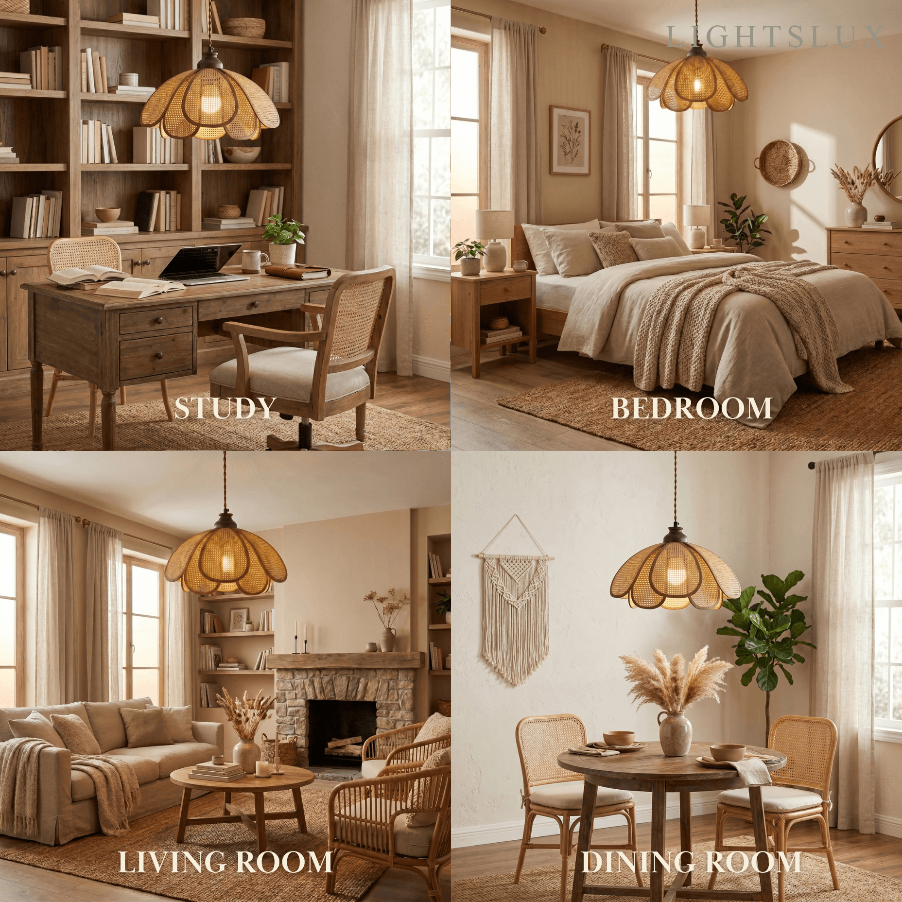 Natural Pendant Light -- Rattan&Wood Walnut Color for Dining Room Living Room Bedroom - Flindria