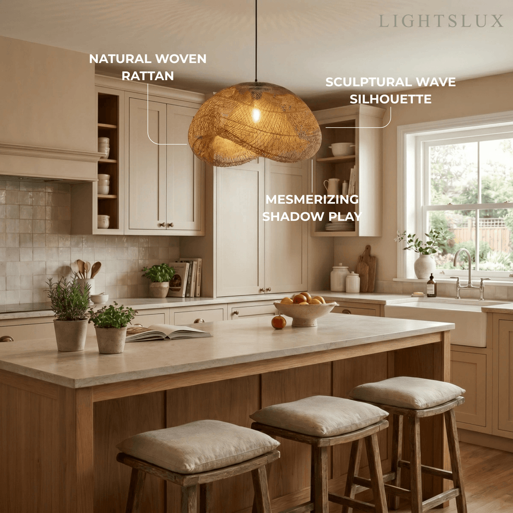 Natural Rattan Pendant Light – Metal & Rattan for Dining Room, Kitchen, Bedroom - Flindria