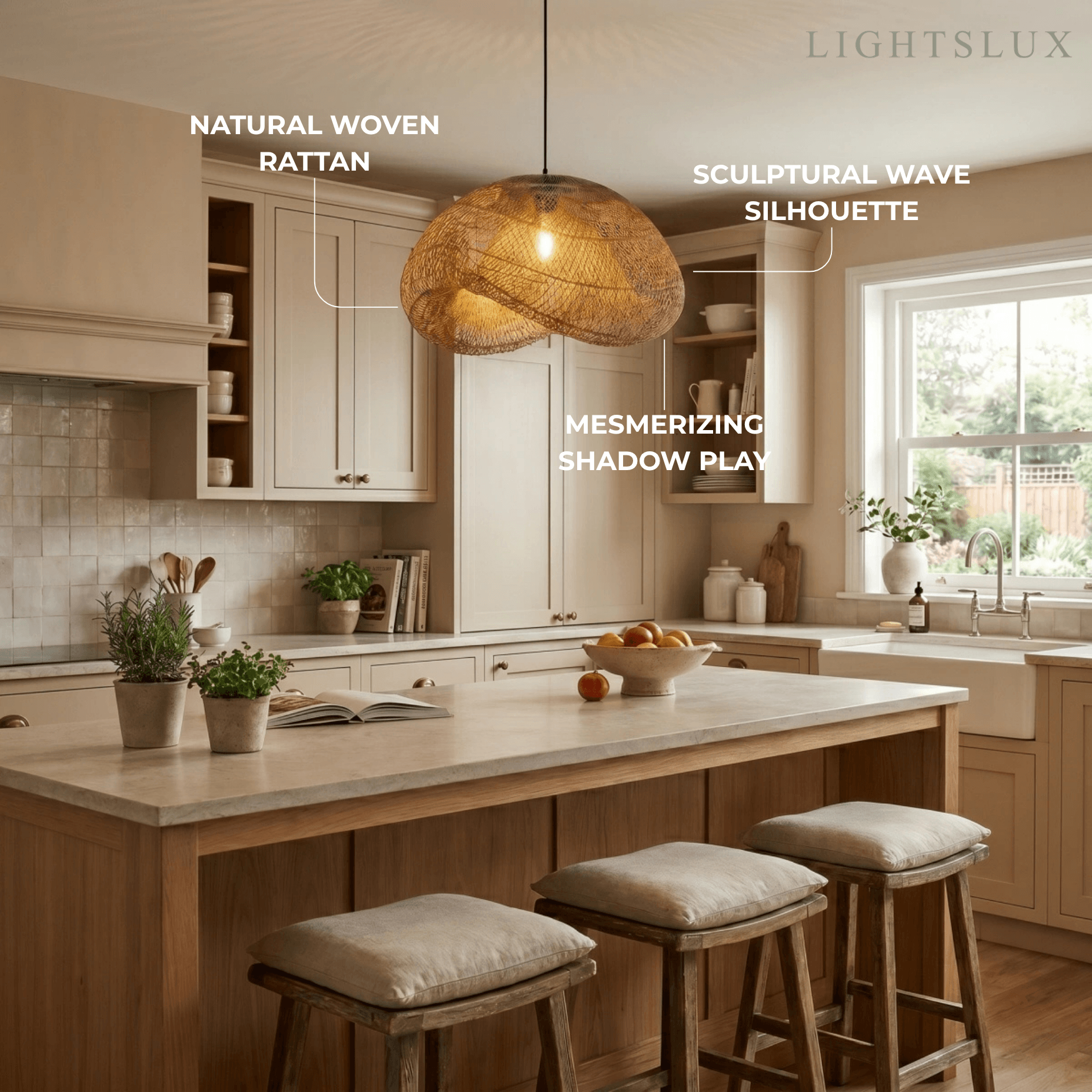 Natural Rattan Pendant Light – Metal & Rattan for Dining Room, Kitchen, Bedroom - Flindria