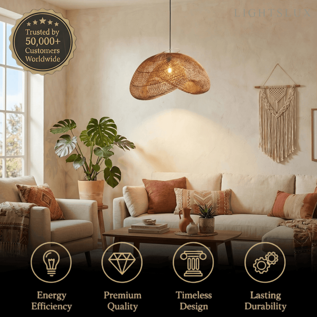 Natural Rattan Pendant Light – Metal & Rattan for Dining Room, Kitchen, Bedroom - Flindria