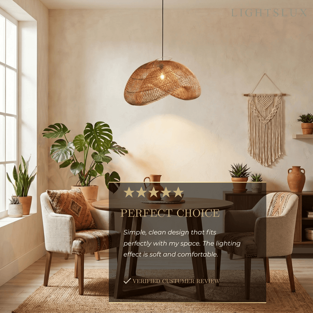 Natural Rattan Pendant Light – Metal & Rattan for Dining Room, Kitchen, Bedroom - Flindria